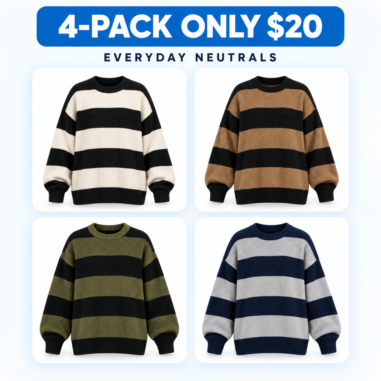 Unisex Relaxed Striped Knit Sweater Multipack - Oversized Crew Neck Pullover