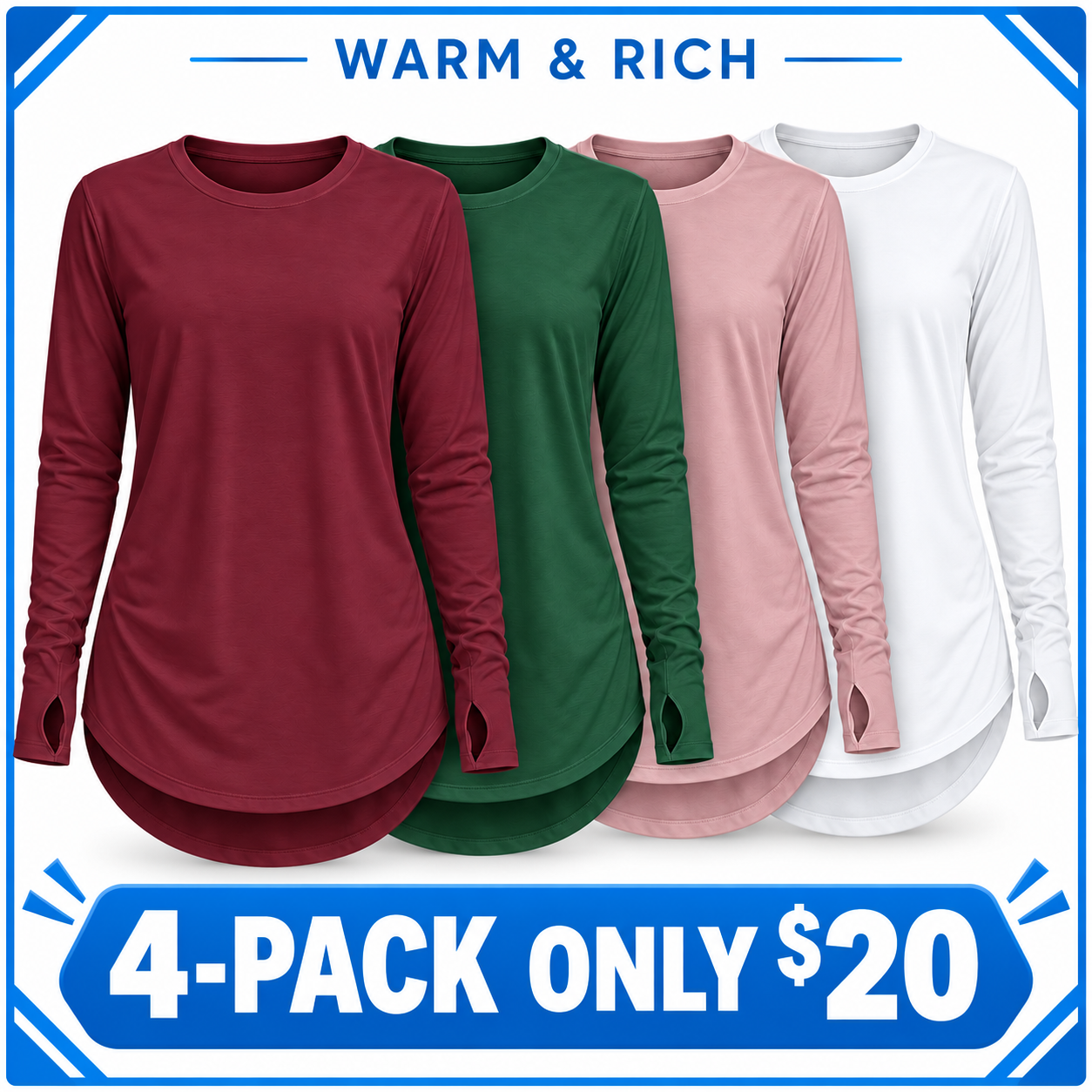 Women's High-Low Longline Tunic Top with Thumbhole Cuffs