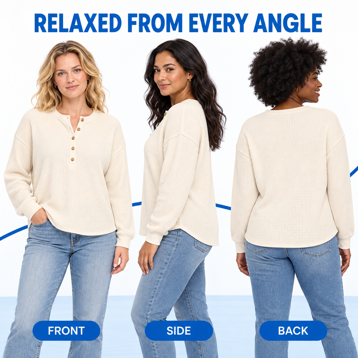 Women's Relaxed Waffle-Knit Henley Top Multipack - Long Sleeve Button Pullover