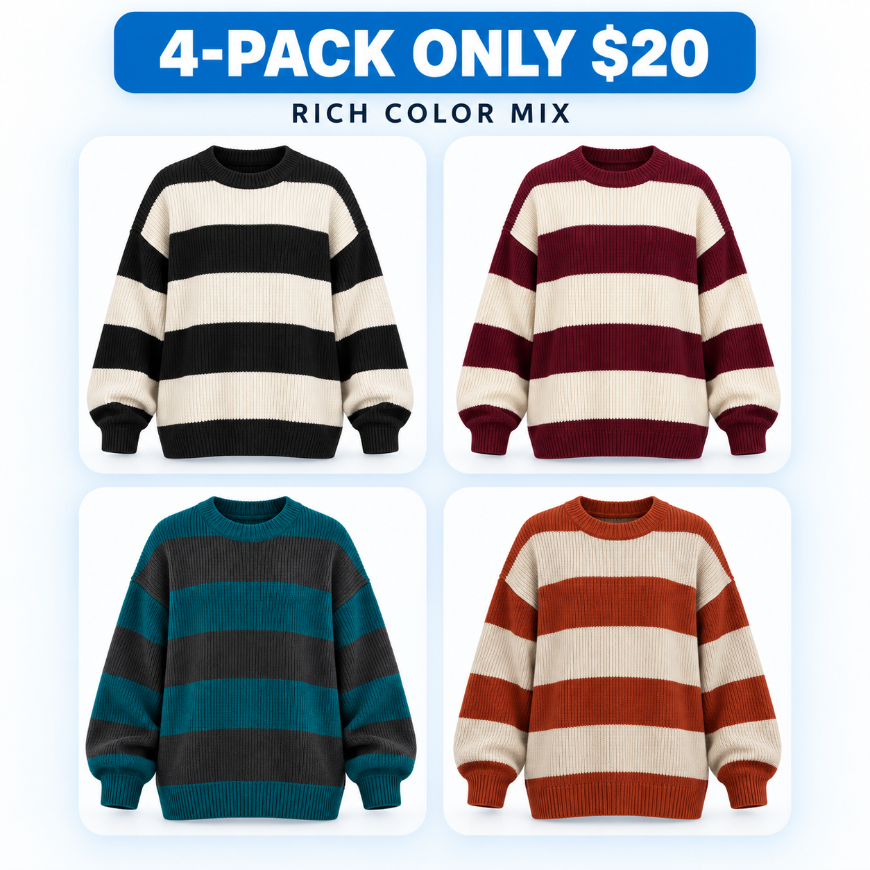 Unisex Relaxed Striped Knit Sweater Multipack - Oversized Crew Neck Pullover