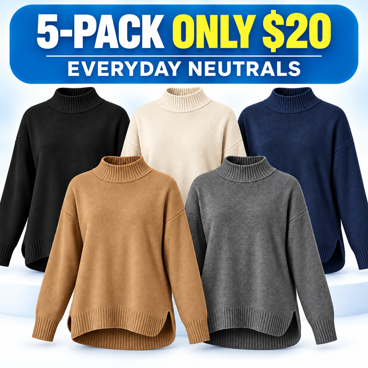 Women's Relaxed Longline Mock-Neck Knit Sweater Multipack - High-Low Hem Pullover