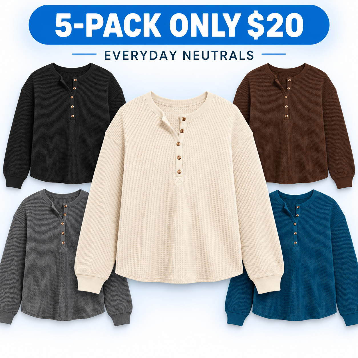 Women's Relaxed Waffle-Knit Henley Top Multipack - Long Sleeve Button Pullover