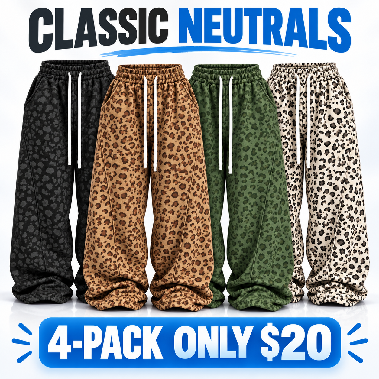 Women's Leopard Print Baggy Sweatpants Multipack - Elastic Waist Wide-Leg Lounge Pants
