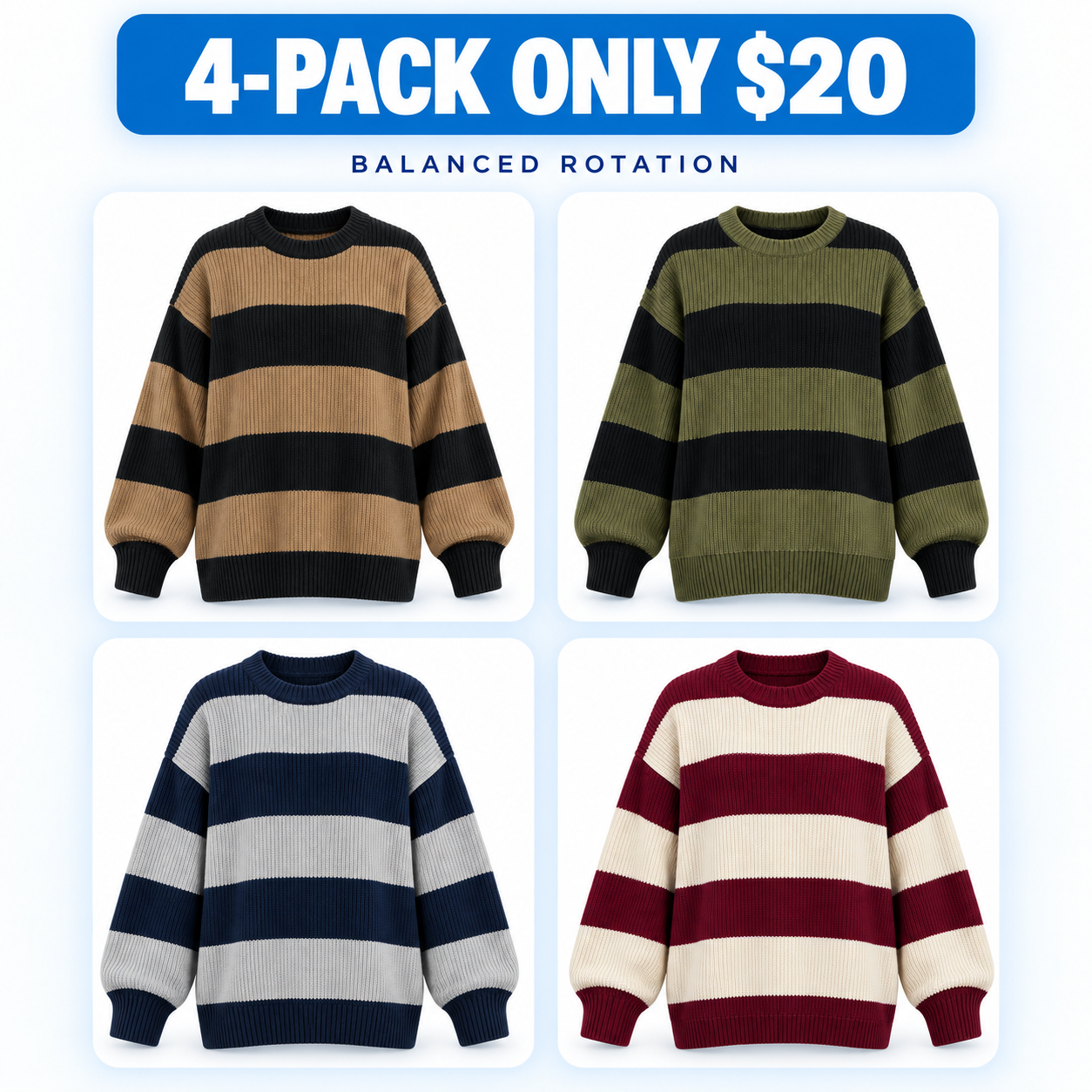 Unisex Relaxed Striped Knit Sweater Multipack - Oversized Crew Neck Pullover