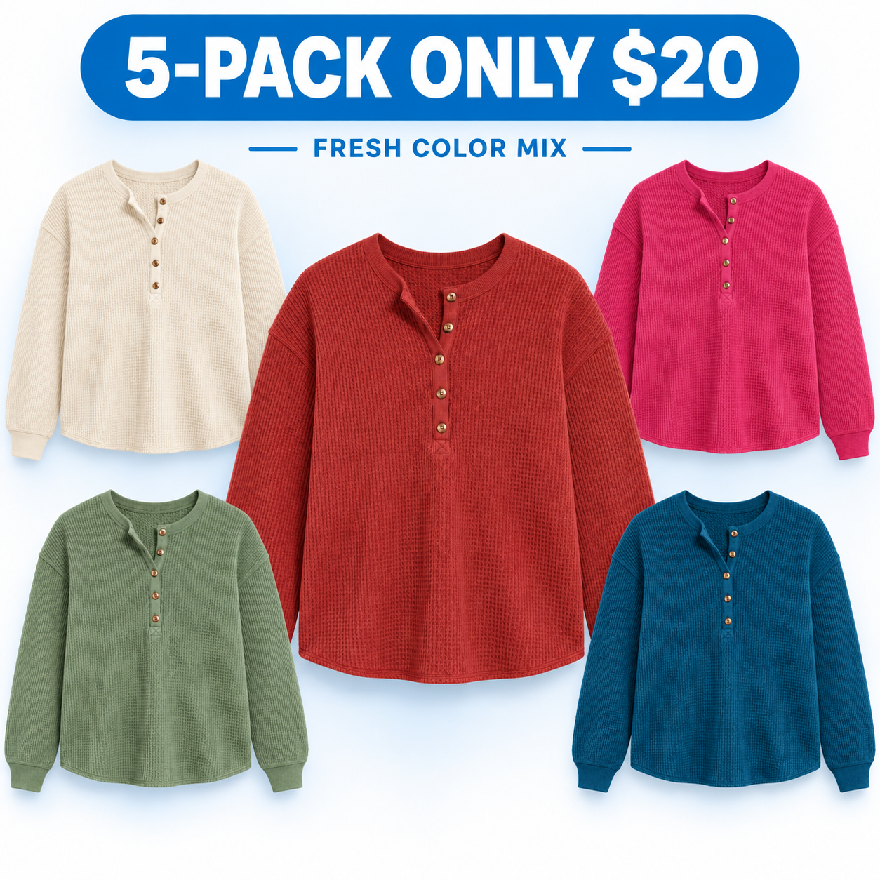 Women's Relaxed Waffle-Knit Henley Top Multipack - Long Sleeve Button Pullover