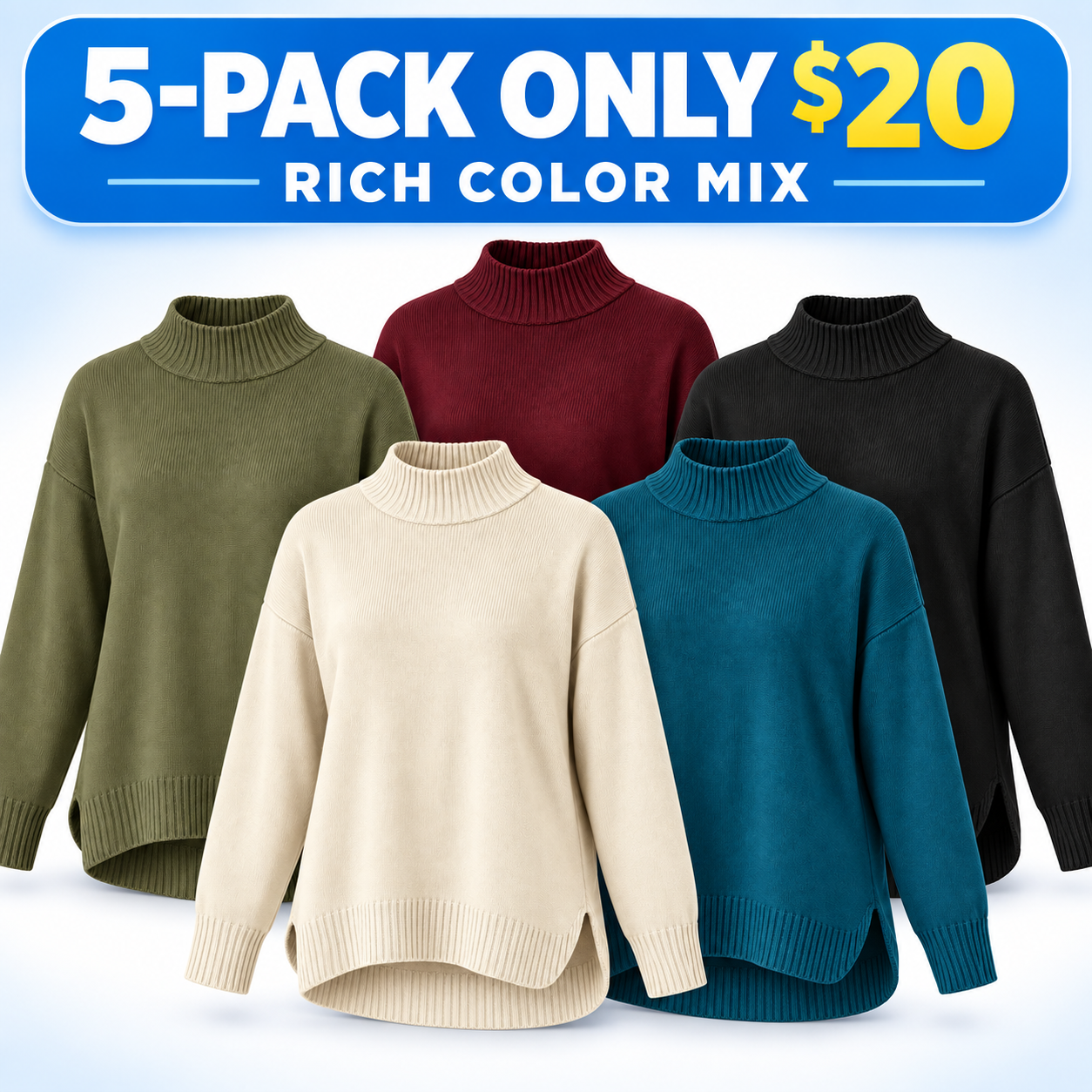 Women's Relaxed Longline Mock-Neck Knit Sweater Multipack - High-Low Hem Pullover