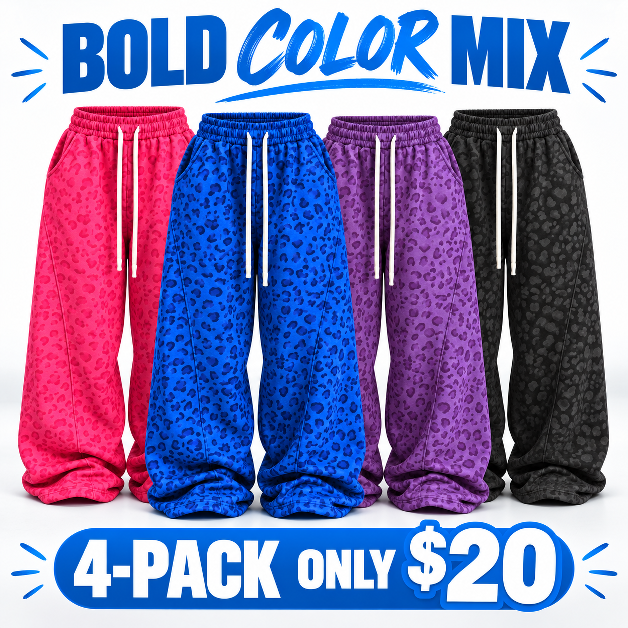 Women's Leopard Print Baggy Sweatpants Multipack - Elastic Waist Wide-Leg Lounge Pants