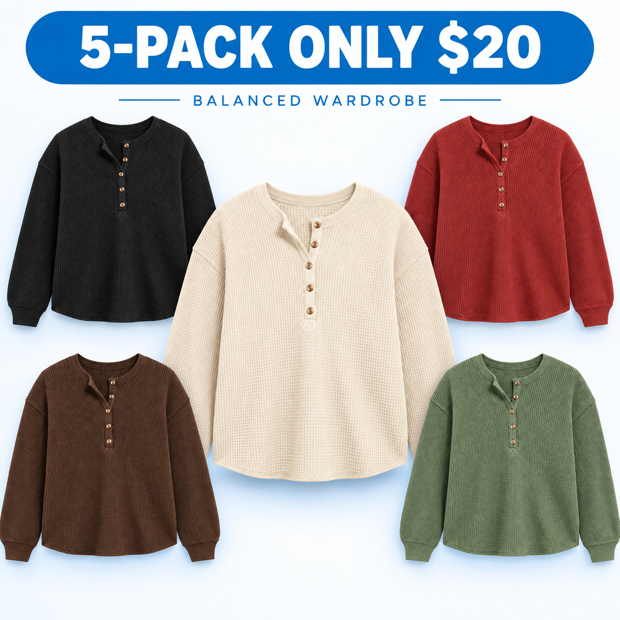 Women's Relaxed Waffle-Knit Henley Top Multipack - Long Sleeve Button Pullover