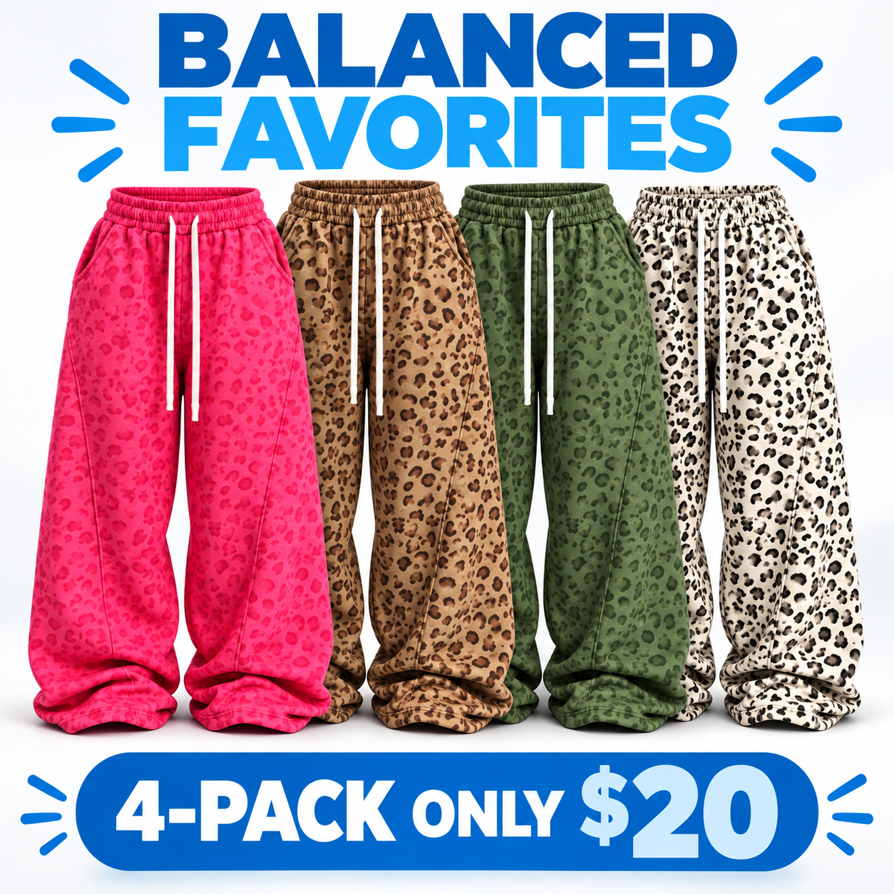 Women's Leopard Print Baggy Sweatpants Multipack - Elastic Waist Wide-Leg Lounge Pants