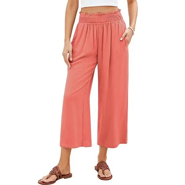 Linen Capri Pants for Women High Waisted Wide Leg Linen Palazzo Trousers Pull On Elastic Smock Waist Loose Flowy Pants