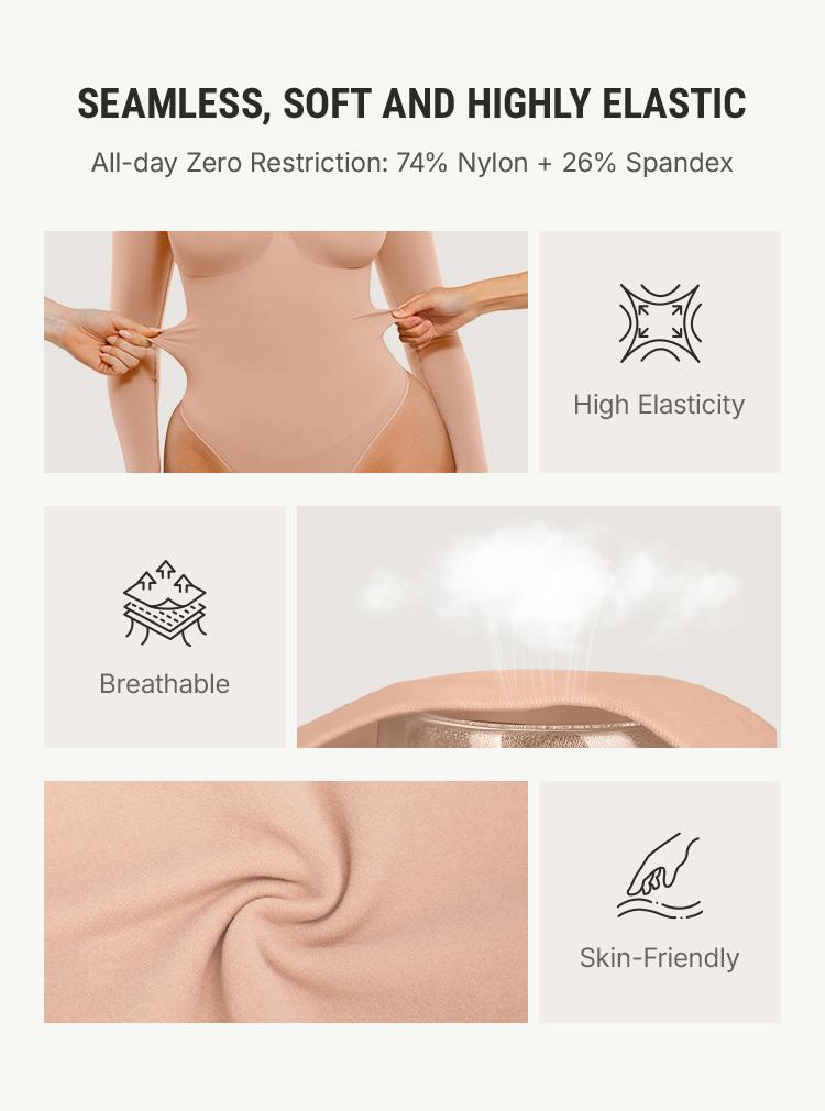 FeelinGirl Womenswear Seamless Long Sleeve Thong Bodysuit V Neck Going Out Fabric Comfortable Casual Breathable