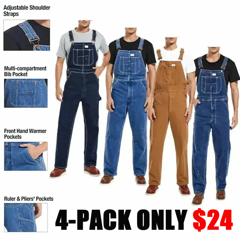 🔥Men's 4-Pack Flex Denim Bib Overalls — Adjustable & Utility Ready