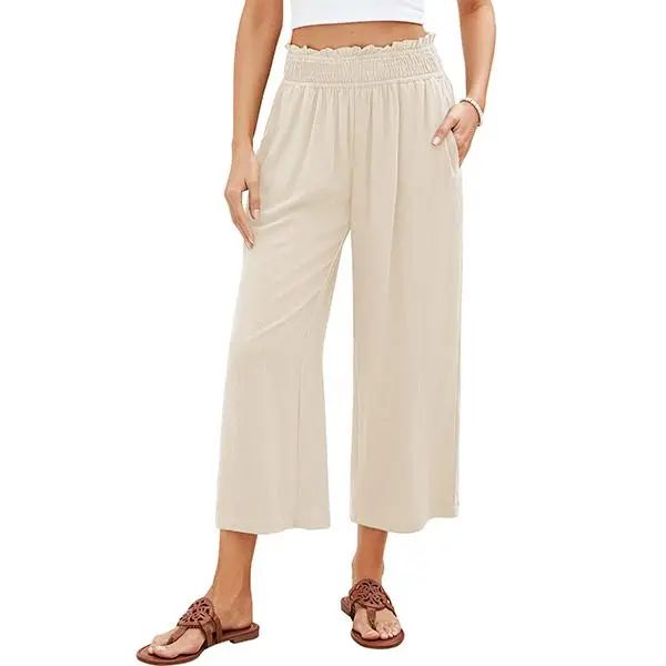 Linen Capri Pants for Women High Waisted Wide Leg Linen Palazzo Trousers Pull On Elastic Smock Waist Loose Flowy Pants