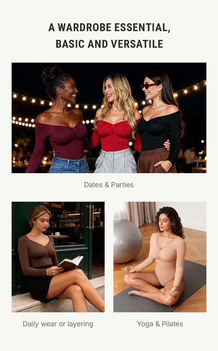 FeelinGirl Womenswear Seamless Long Sleeve Thong Bodysuit V Neck Going Out Fabric Comfortable Casual Breathable