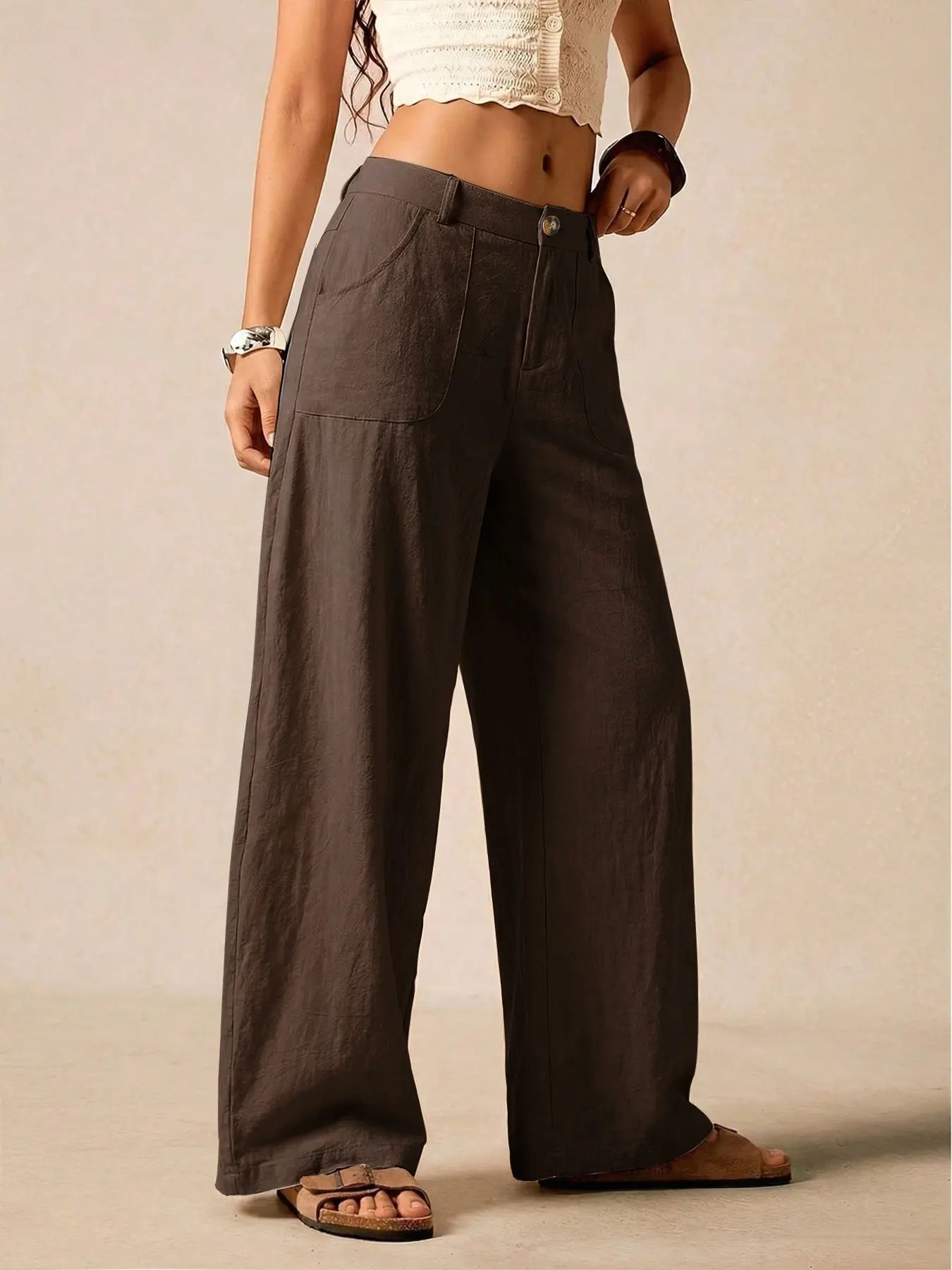Women's Summer Linen Breathable Lightweight Palazzo Pants Flowy Wide Straight Leg Beach Trousers