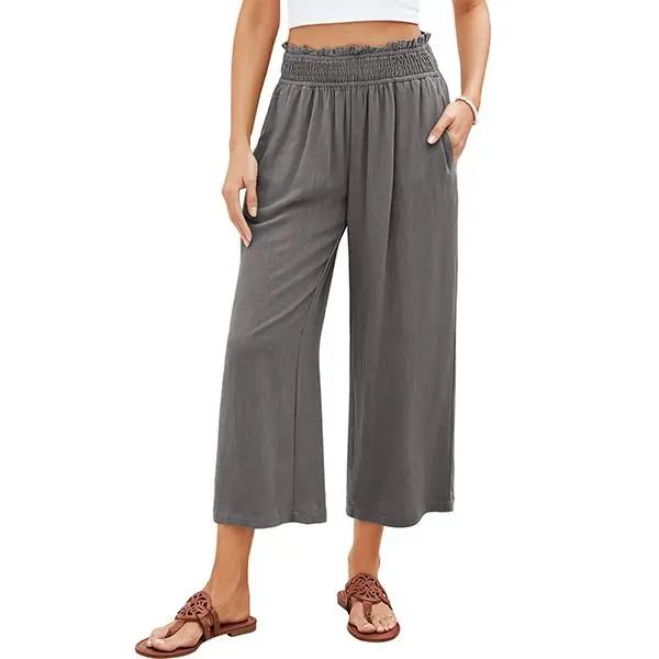 Linen Capri Pants for Women High Waisted Wide Leg Linen Palazzo Trousers Pull On Elastic Smock Waist Loose Flowy Pants