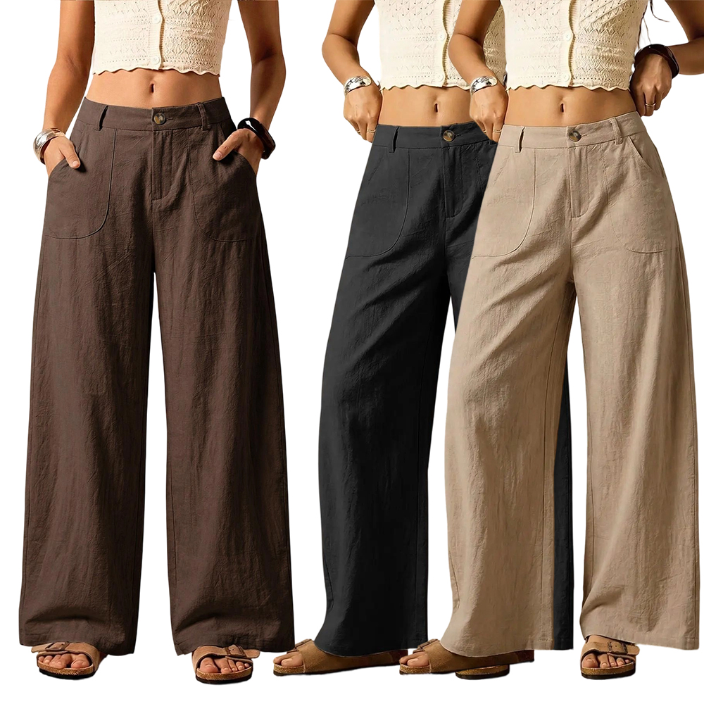 Women's Summer Linen Breathable Lightweight Palazzo Pants Flowy Wide Straight Leg Beach Trousers