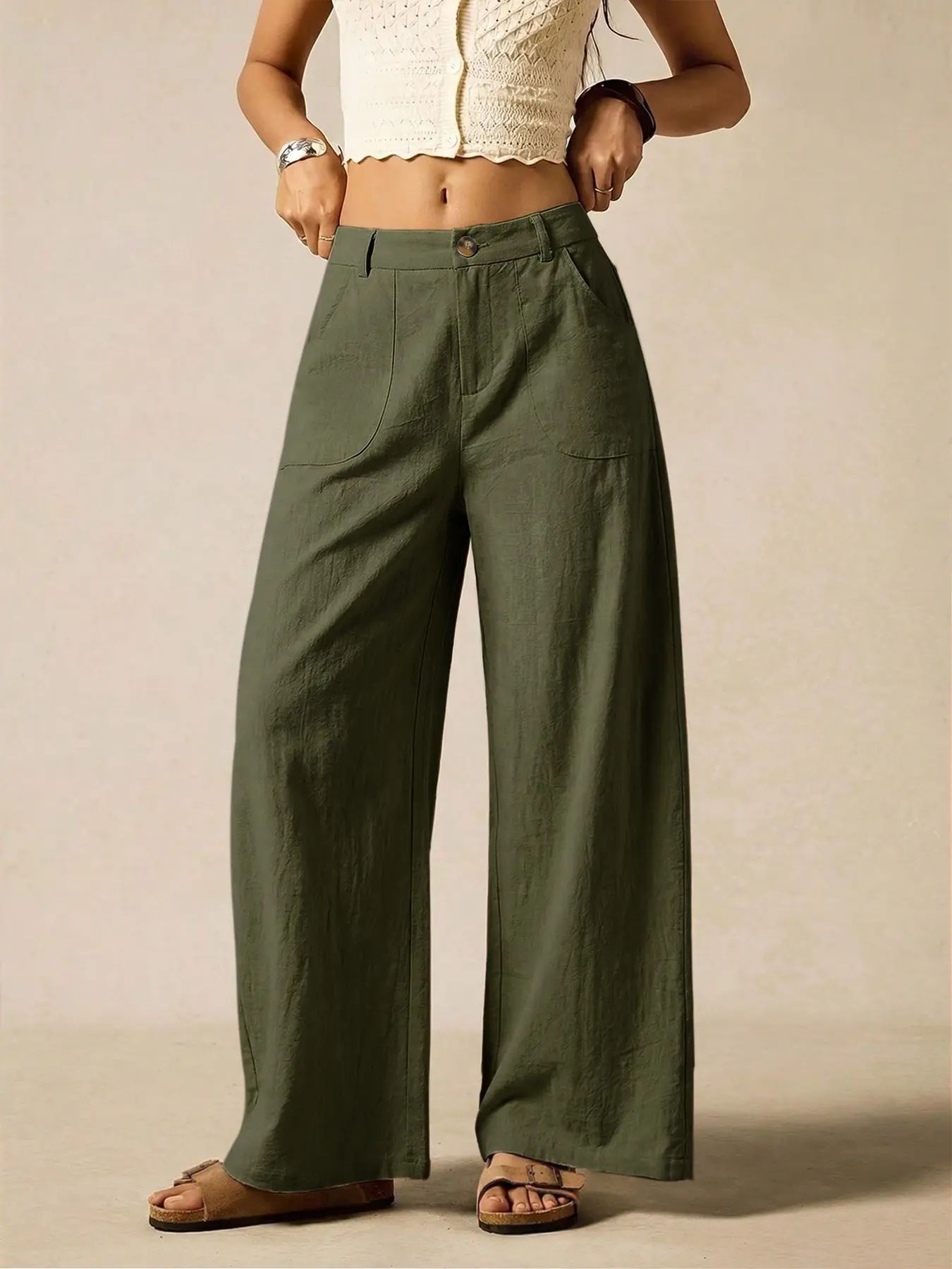 Women's Summer Linen Breathable Lightweight Palazzo Pants Flowy Wide Straight Leg Beach Trousers
