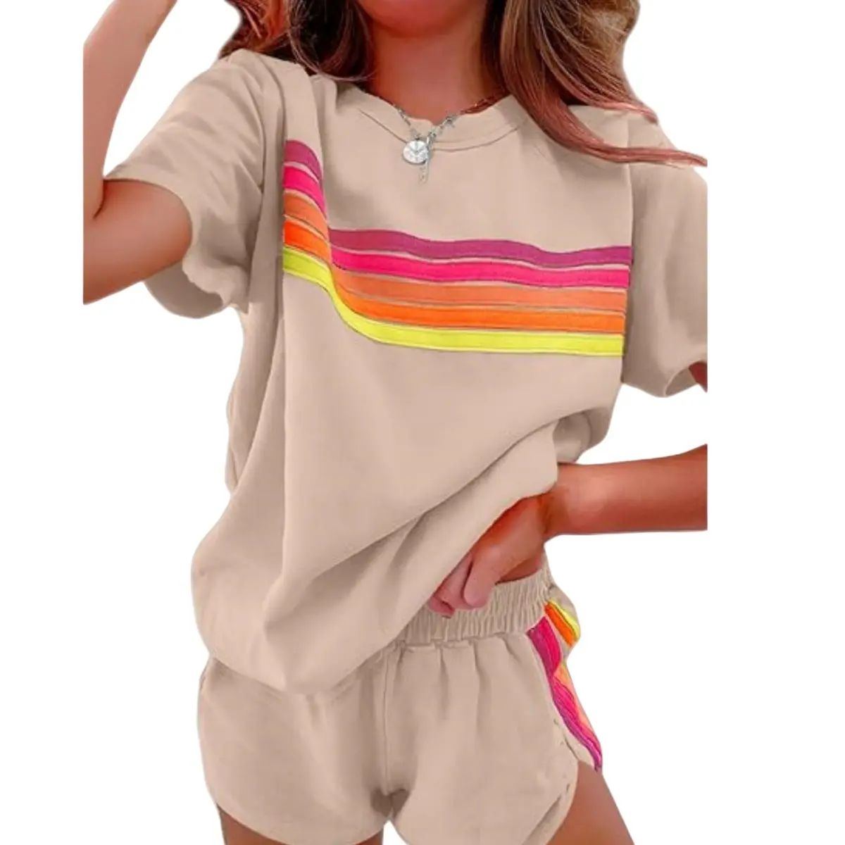 Women's Short 2-Piece Rainbow Strip Outdoor Sportswear Set - Loose Fit Crop Top & Bottoms