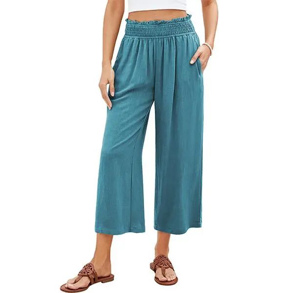 Linen Capri Pants for Women High Waisted Wide Leg Linen Palazzo Trousers Pull On Elastic Smock Waist Loose Flowy Pants