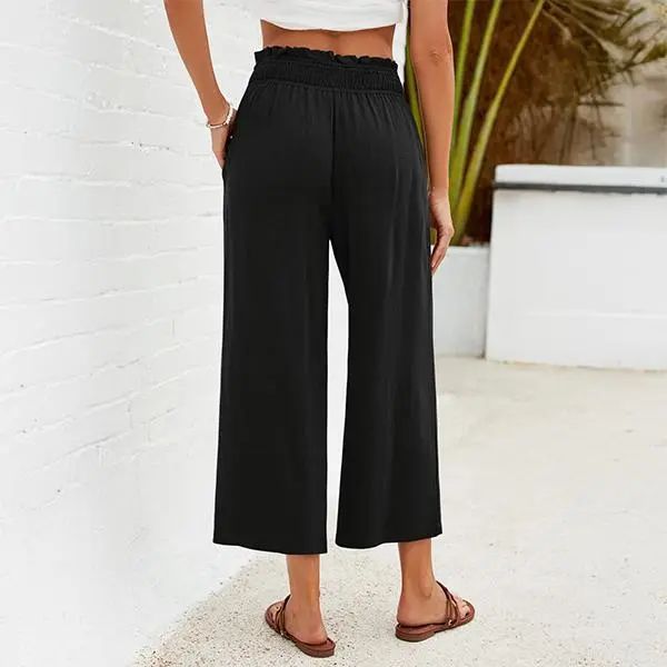 Linen Capri Pants for Women High Waisted Wide Leg Linen Palazzo Trousers Pull On Elastic Smock Waist Loose Flowy Pants