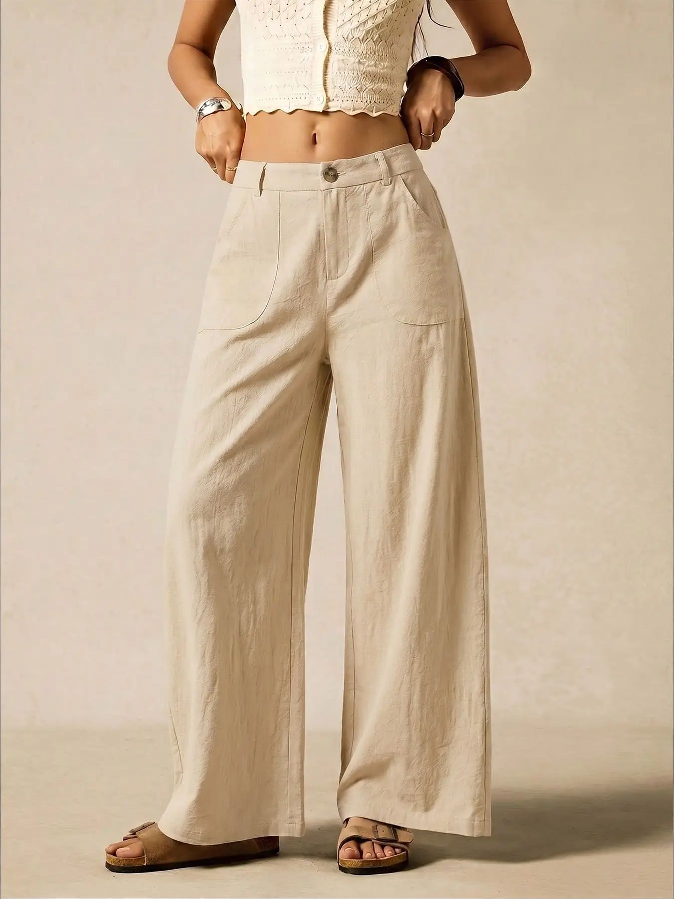 Women's Summer Linen Breathable Lightweight Palazzo Pants Flowy Wide Straight Leg Beach Trousers