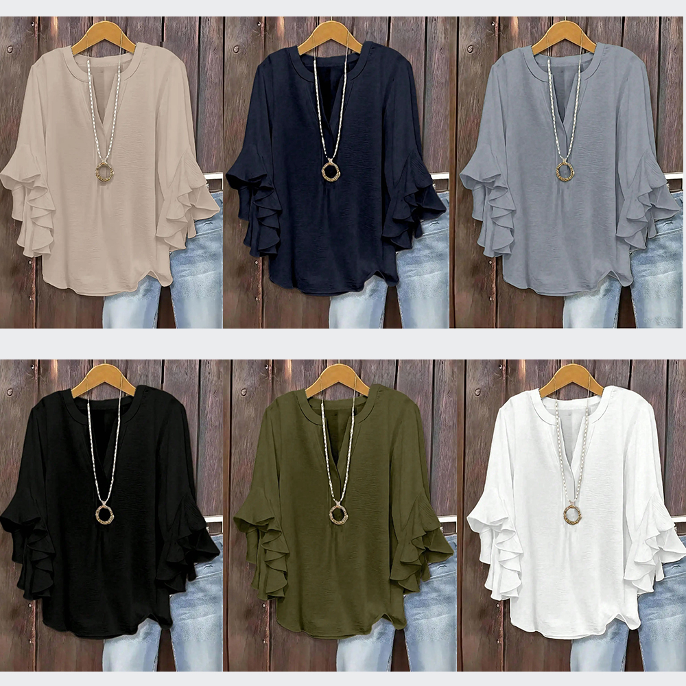 Plus Size Women's Ruffled Sleeve V-Neck Shirt Blouse, Elegant Floral Design, Comfortable and Stylish, Perfect for Casual Wear