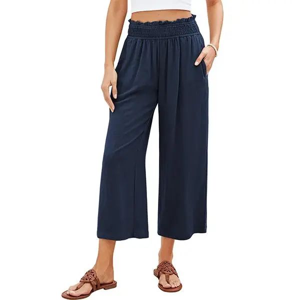 Linen Capri Pants for Women High Waisted Wide Leg Linen Palazzo Trousers Pull On Elastic Smock Waist Loose Flowy Pants