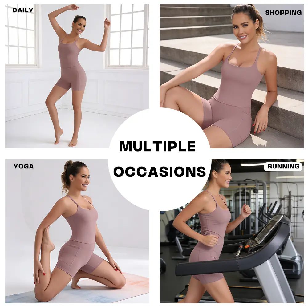 【3-Day Shipping】2026 New Adjustable Straps Built-in Bra Tank Top - Cross Back VS Spaghetti Straps & Scoop Neck, Slim Cute Buttery Soft Thicker Fabric Longline Sports Bra with Built-in One-Piece Bra Pads Yoga Wear Fitness Yoga Gym Activewear