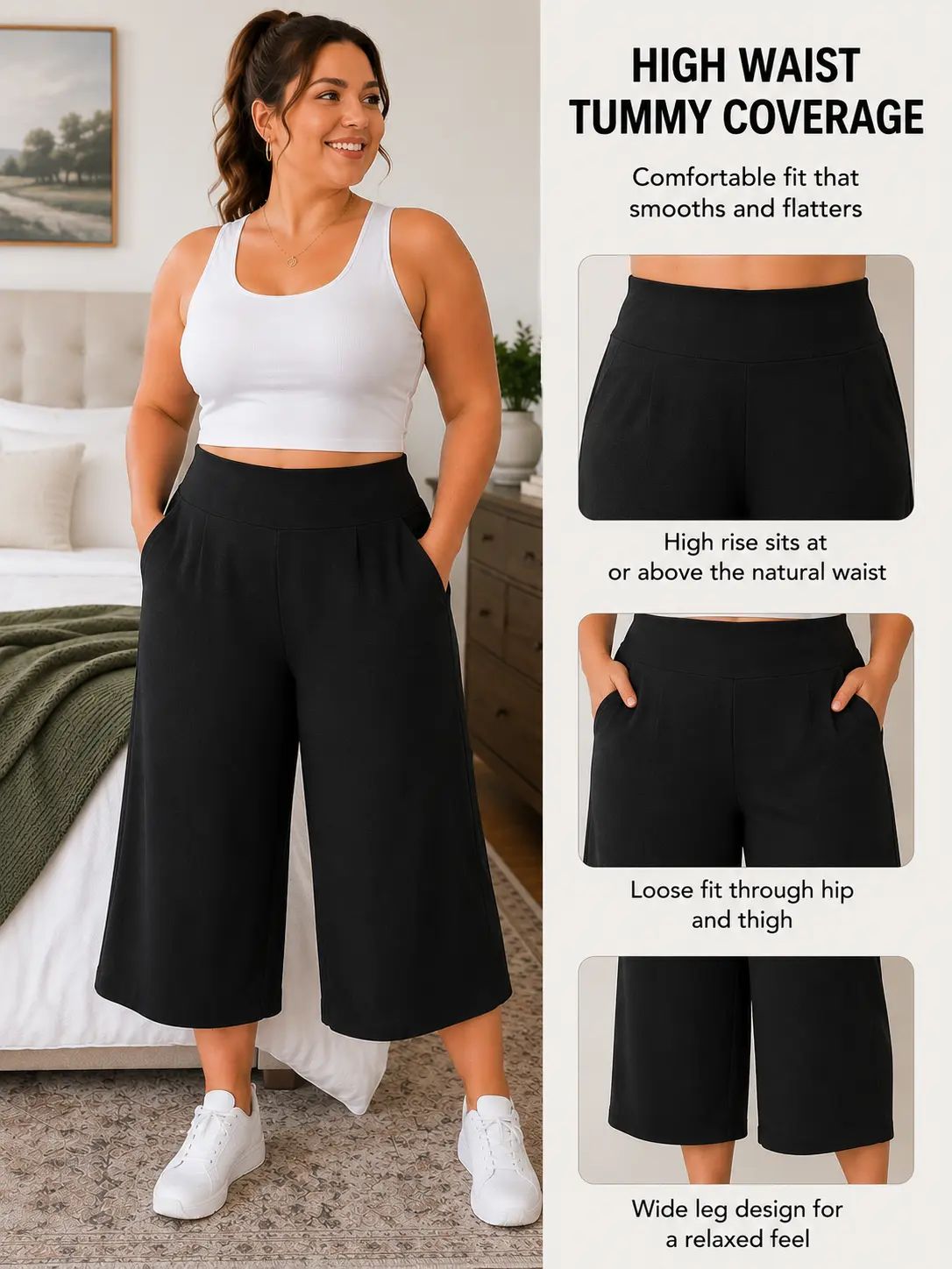 Women’s Plus Size Capri Pajama Pants Soft Breathable Stretchy Wide Leg Lounge Sleep Pants with Pockets Fit Fabric