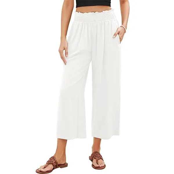 Linen Capri Pants for Women High Waisted Wide Leg Linen Palazzo Trousers Pull On Elastic Smock Waist Loose Flowy Pants
