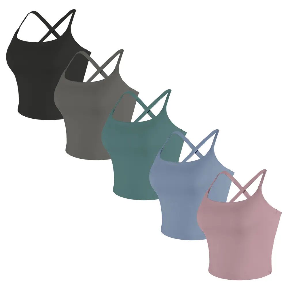 【3-Day Shipping】2026 New Adjustable Straps Built-in Bra Tank Top - Cross Back VS Spaghetti Straps & Scoop Neck, Slim Cute Buttery Soft Thicker Fabric Longline Sports Bra with Built-in One-Piece Bra Pads Yoga Wear Fitness Yoga Gym Activewear