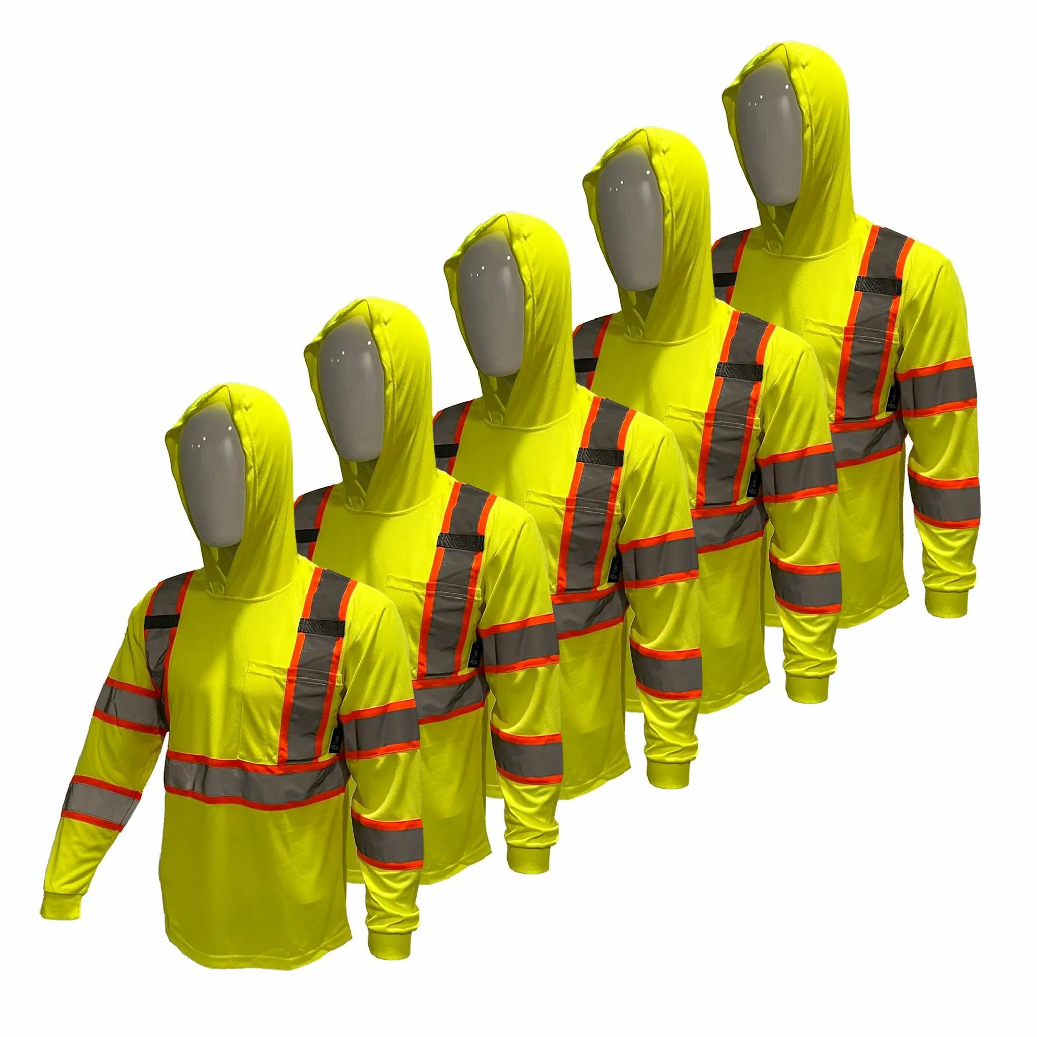 5 PACK SHIRT High Visibility Hoodie Long Sleeve Safety Shirt with hoodie Polyester Birdeye Mesh in various color