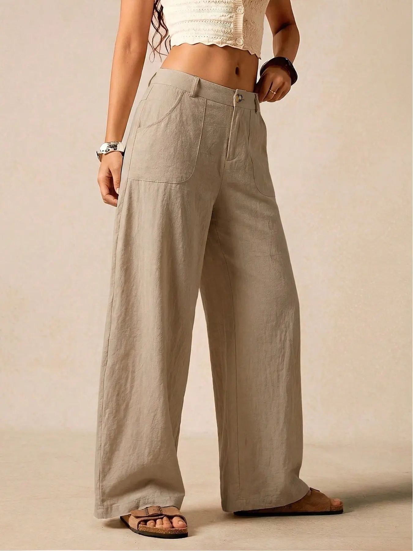 Women's Summer Linen Breathable Lightweight Palazzo Pants Flowy Wide Straight Leg Beach Trousers