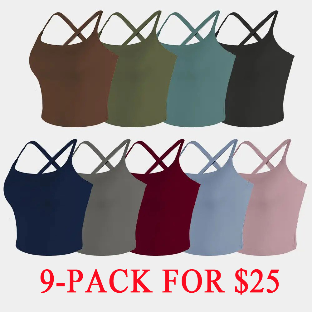 【3-Day Shipping】2026 New Adjustable Straps Built-in Bra Tank Top - Cross Back VS Spaghetti Straps & Scoop Neck, Slim Cute Buttery Soft Thicker Fabric Longline Sports Bra with Built-in One-Piece Bra Pads Yoga Wear Fitness Yoga Gym Activewear