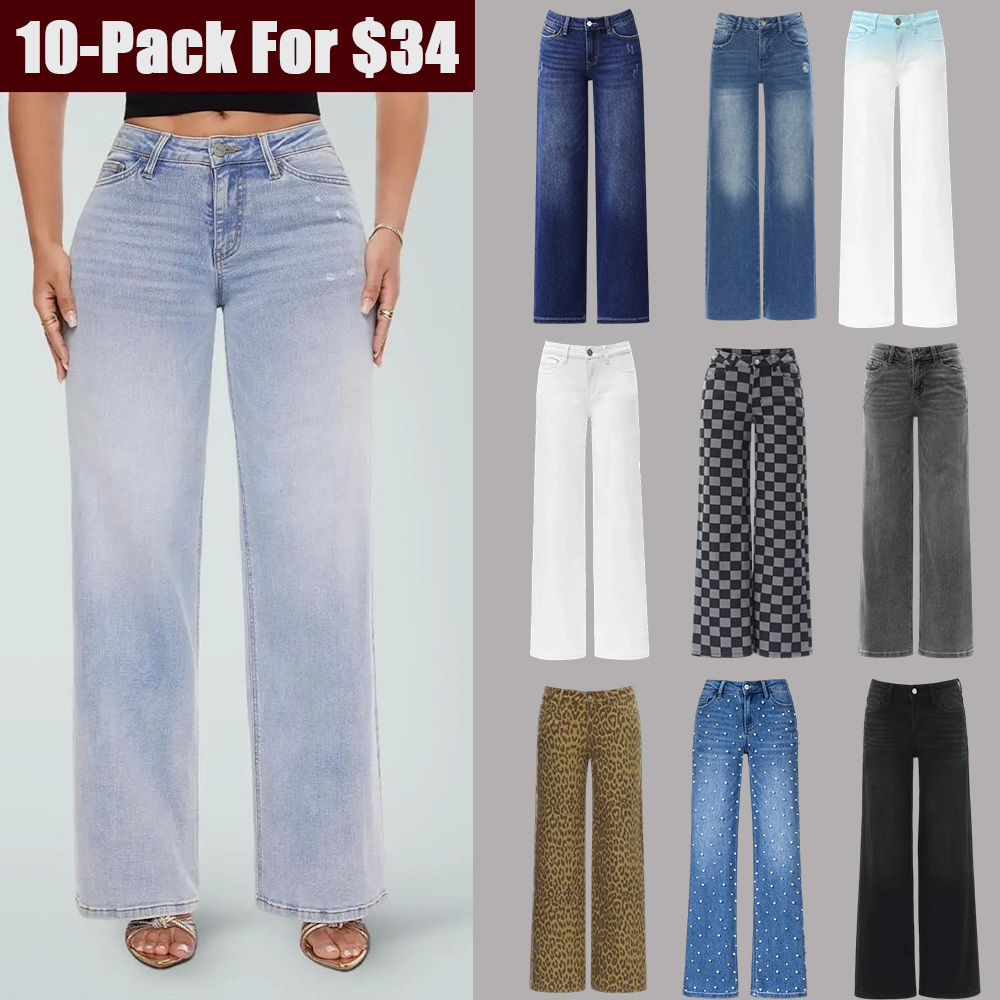 Mid-low Rise Baggy Jeans Stretchy Wide Leg for Women Distressed Pants