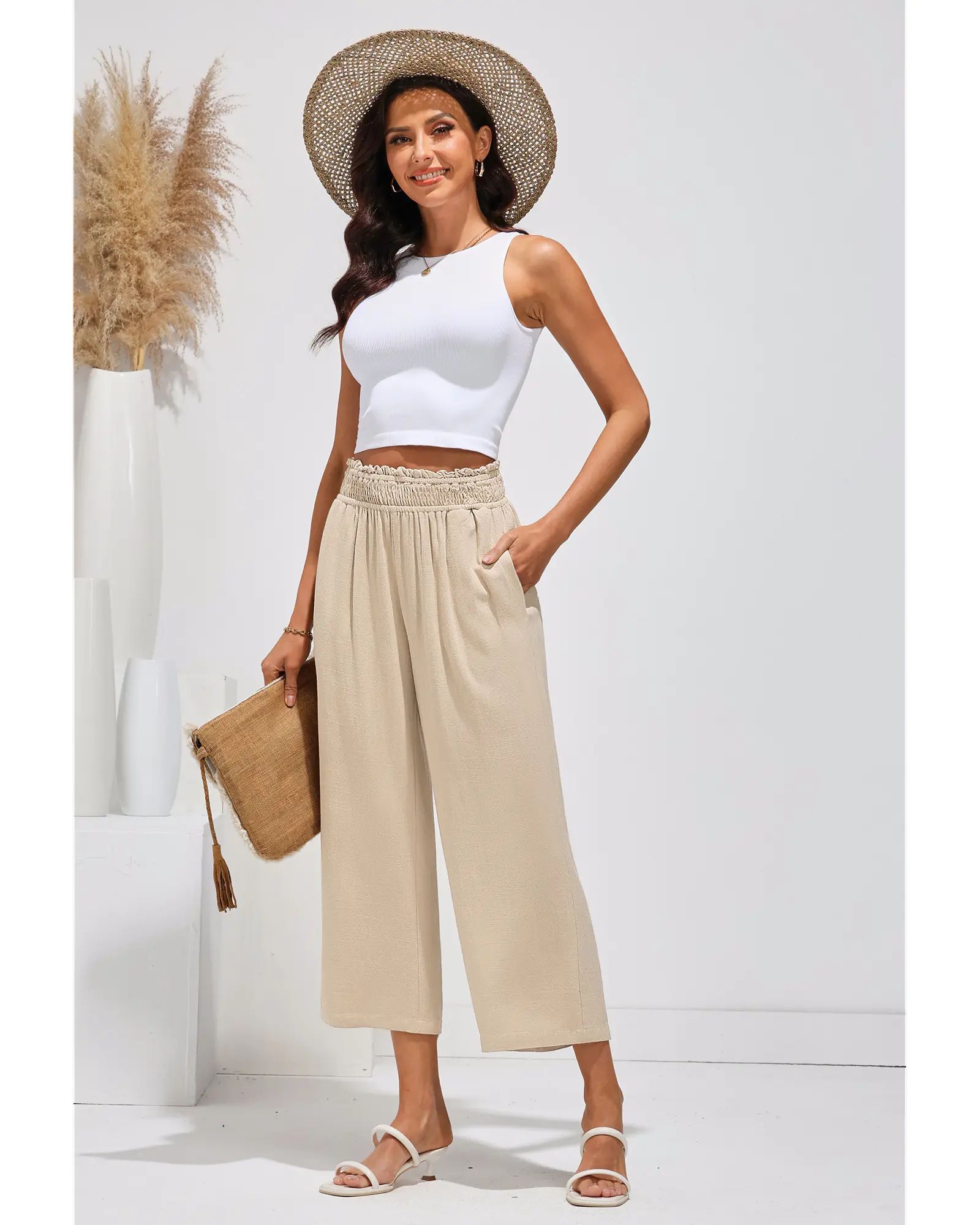 Linen Capri Pants for Women High Waisted Wide Leg Linen Palazzo Trousers Pull On Elastic Smock Waist Loose Flowy Pants
