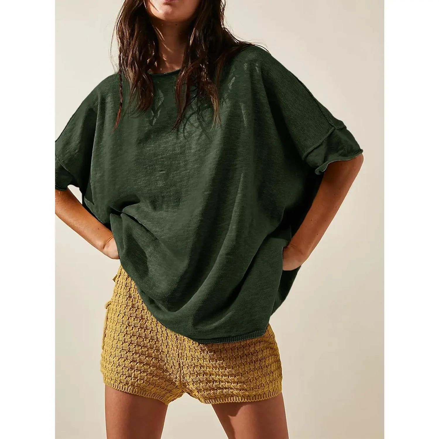 Women's Oversized T Shirts Casual Summer Crew Neck Loose Dropped Short Sleeve Side Slit Hem Blouse Tunic Tops Sweater Tee