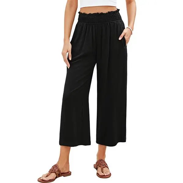 Linen Capri Pants for Women High Waisted Wide Leg Linen Palazzo Trousers Pull On Elastic Smock Waist Loose Flowy Pants