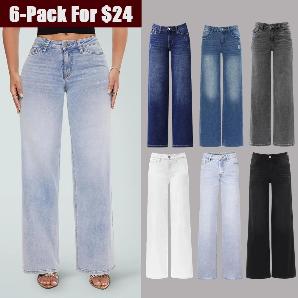 Mid-low Rise Baggy Jeans Stretchy Wide Leg for Women Distressed Pants