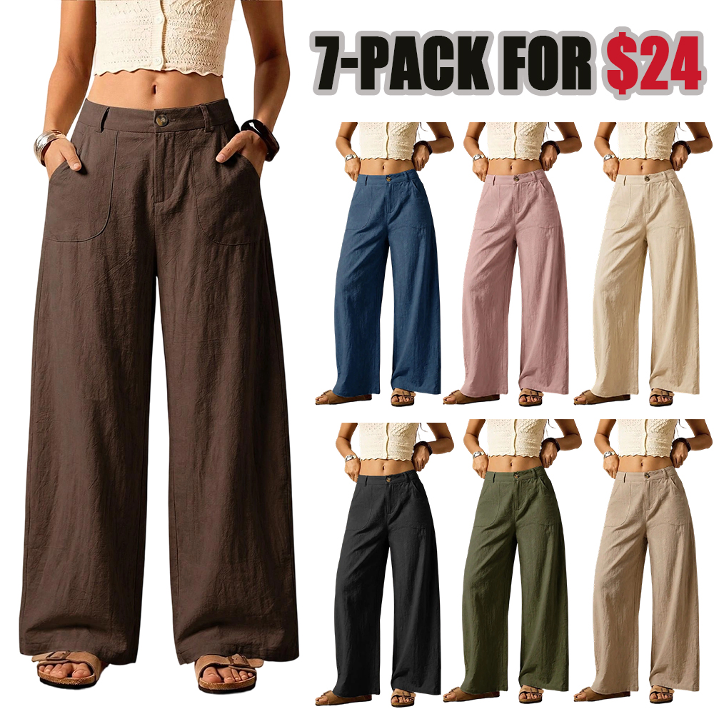 Women's Summer Linen Breathable Lightweight Palazzo Pants Flowy Wide Straight Leg Beach Trousers