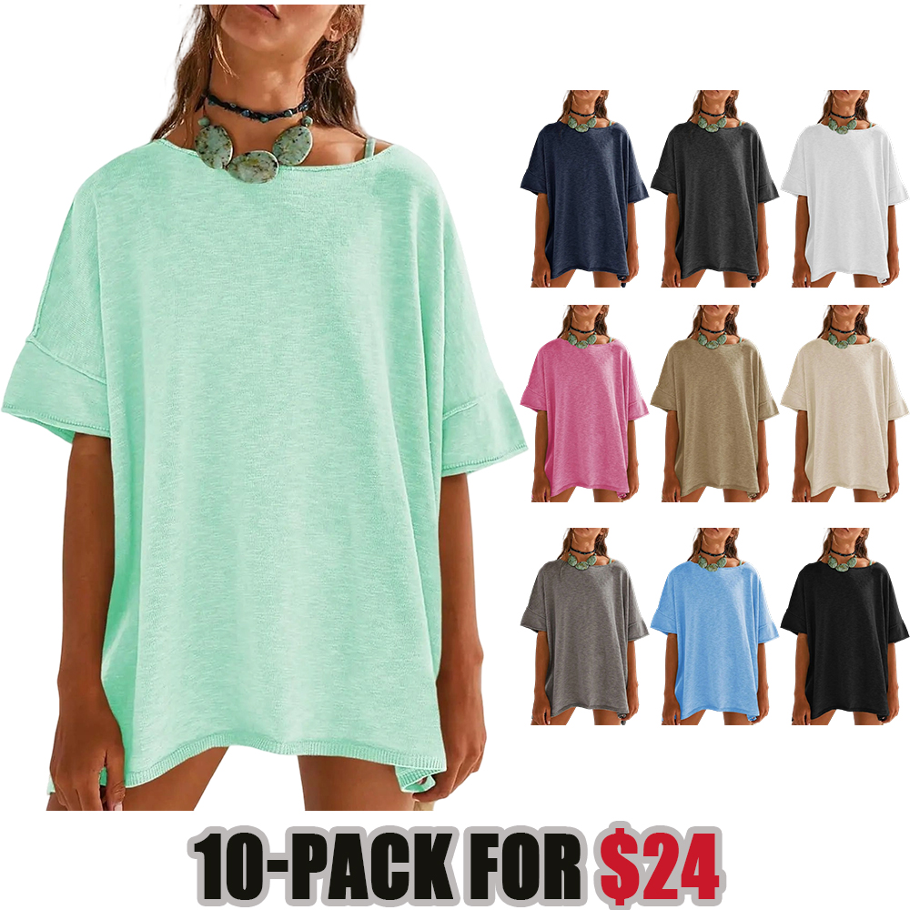 Women's Oversized T Shirts Casual Summer Crew Neck Loose Dropped Short Sleeve Side Slit Hem Blouse Tunic Tops Sweater Tee