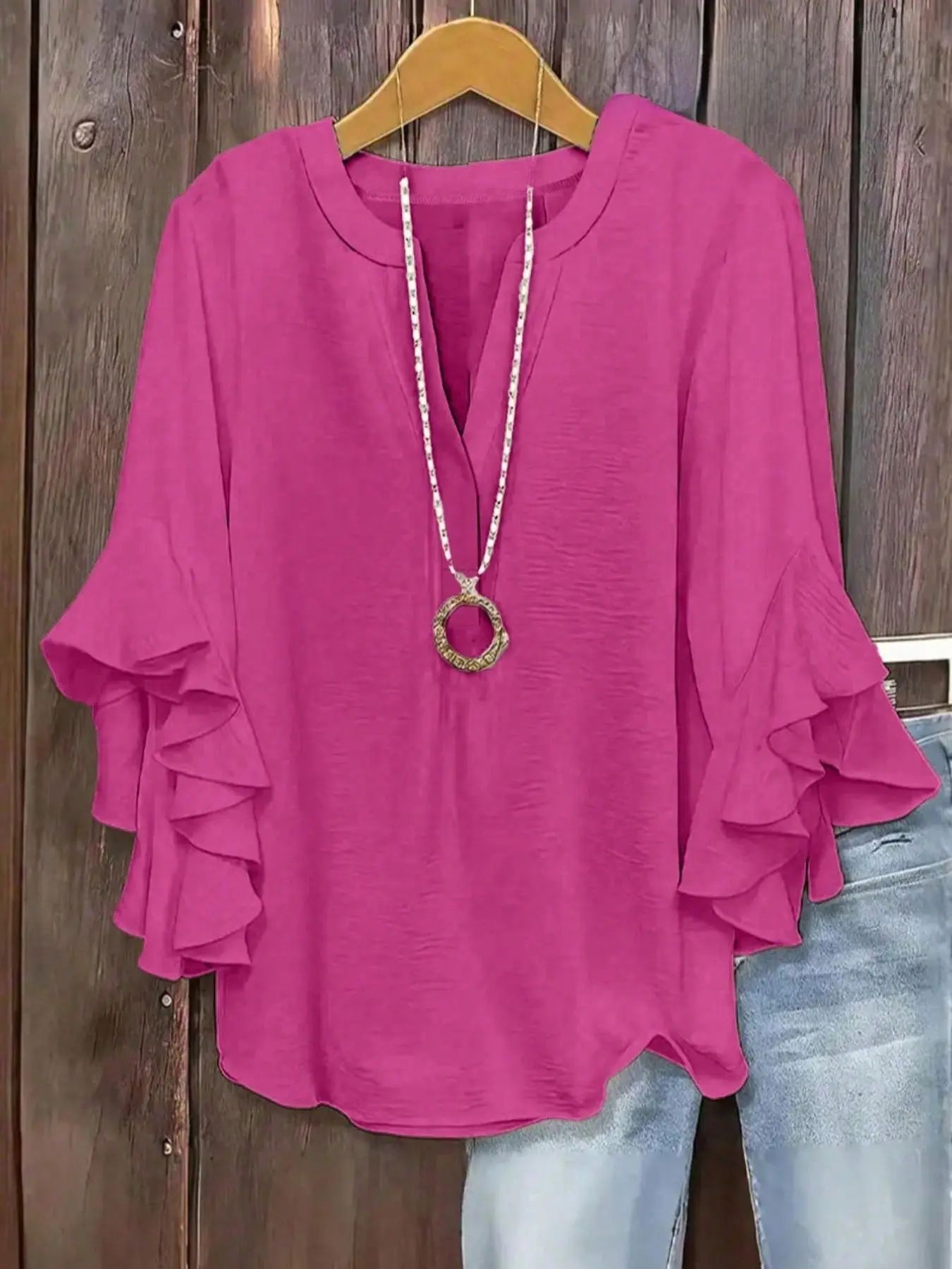 Plus Size Women's Ruffled Sleeve V-Neck Shirt Blouse, Elegant Floral Design, Comfortable and Stylish, Perfect for Casual Wear