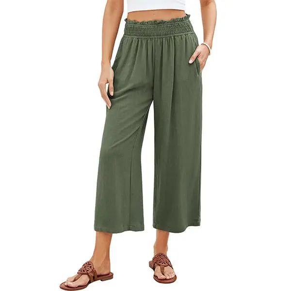 Linen Capri Pants for Women High Waisted Wide Leg Linen Palazzo Trousers Pull On Elastic Smock Waist Loose Flowy Pants