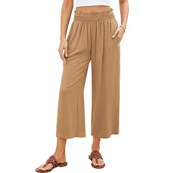 Linen Capri Pants for Women High Waisted Wide Leg Linen Palazzo Trousers Pull On Elastic Smock Waist Loose Flowy Pants