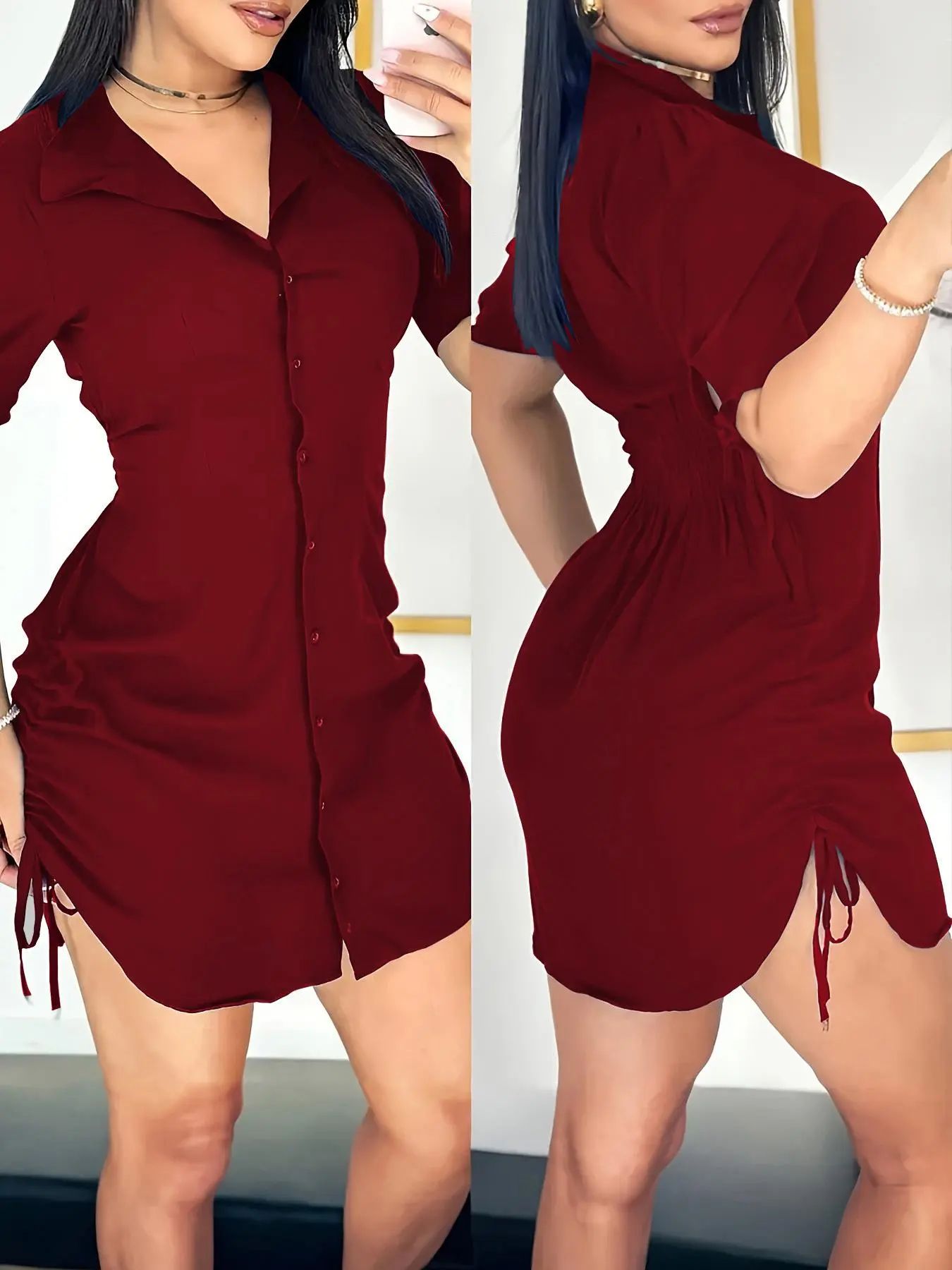 Women's Solid Color Shirt Collar Button Front Dress, Casual Short Sleeve Curved Hem Dress for Daily Wear