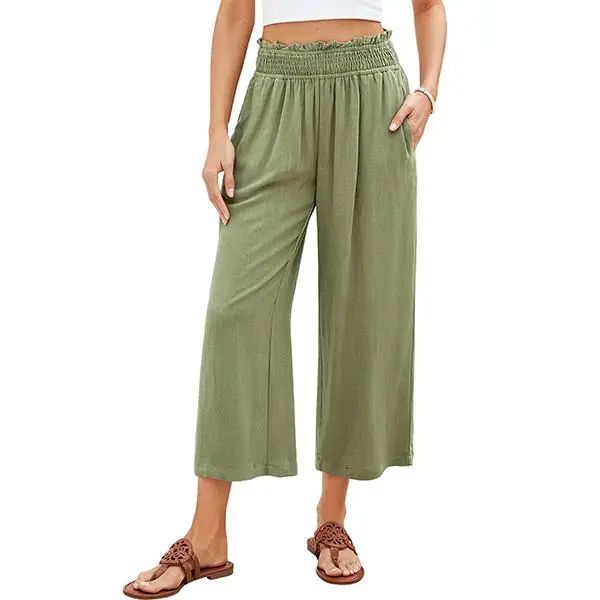 Linen Capri Pants for Women High Waisted Wide Leg Linen Palazzo Trousers Pull On Elastic Smock Waist Loose Flowy Pants