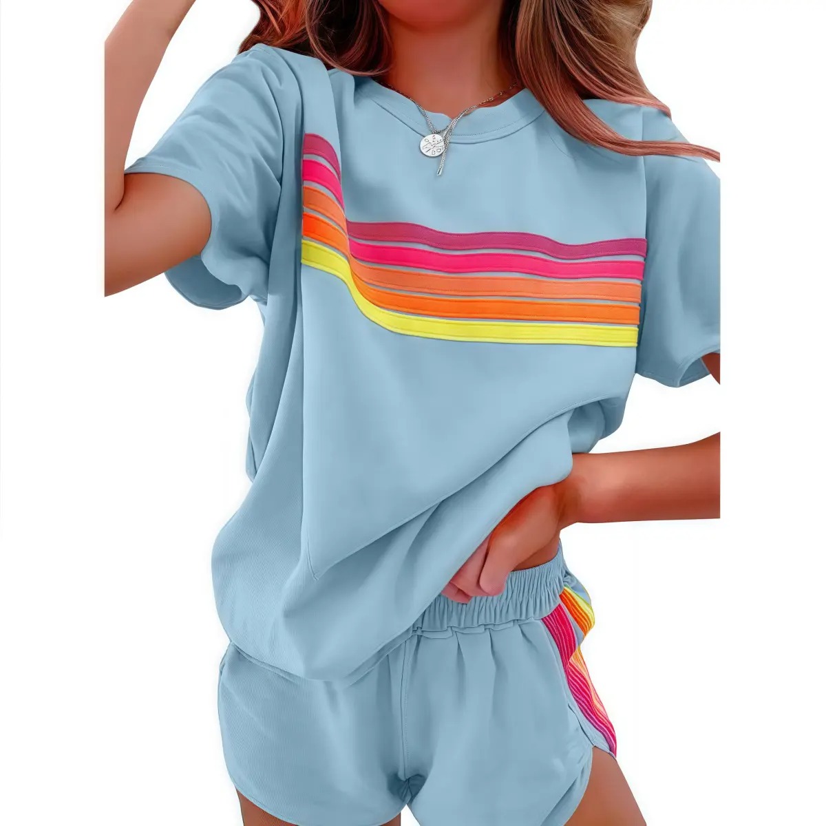 Women's Short 2-Piece Rainbow Strip Outdoor Sportswear Set - Loose Fit Crop Top & Bottoms