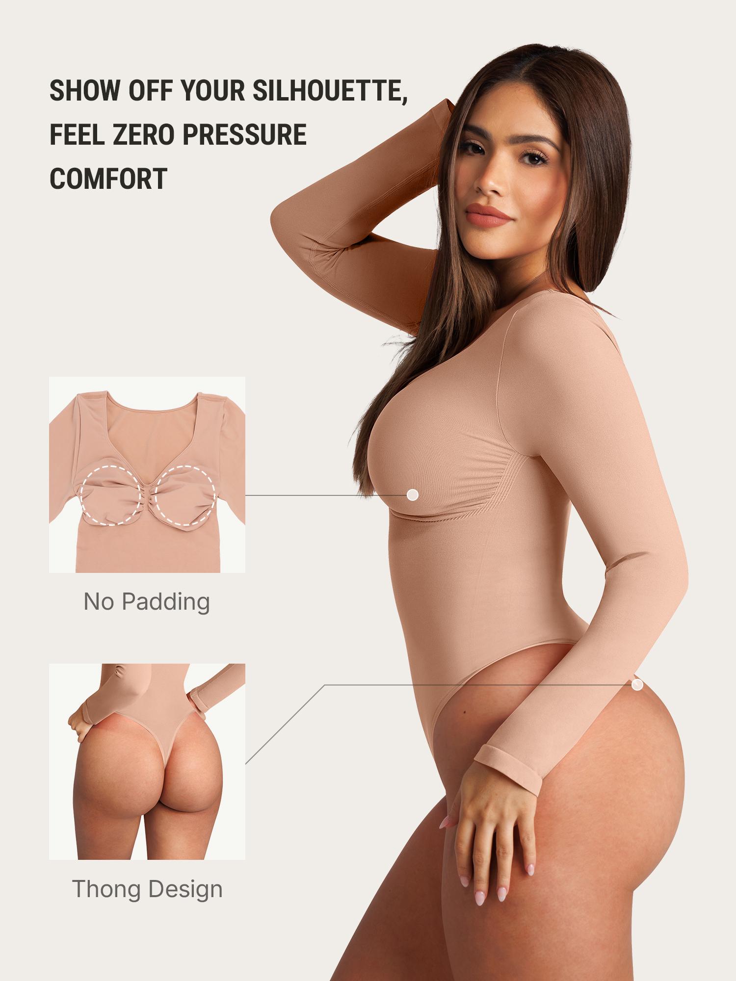 FeelinGirl Womenswear Seamless Long Sleeve Thong Bodysuit V Neck Going Out Fabric Comfortable Casual Breathable
