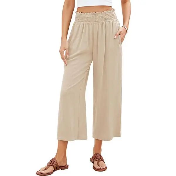 Linen Capri Pants for Women High Waisted Wide Leg Linen Palazzo Trousers Pull On Elastic Smock Waist Loose Flowy Pants
